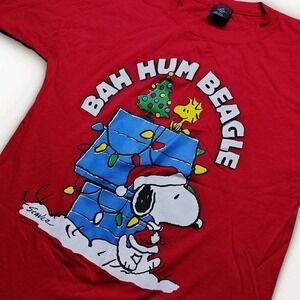 Vintage Garment Graphics Peanuts Snoopy Christmas T-Shirt Bah Hum Beagle Red L